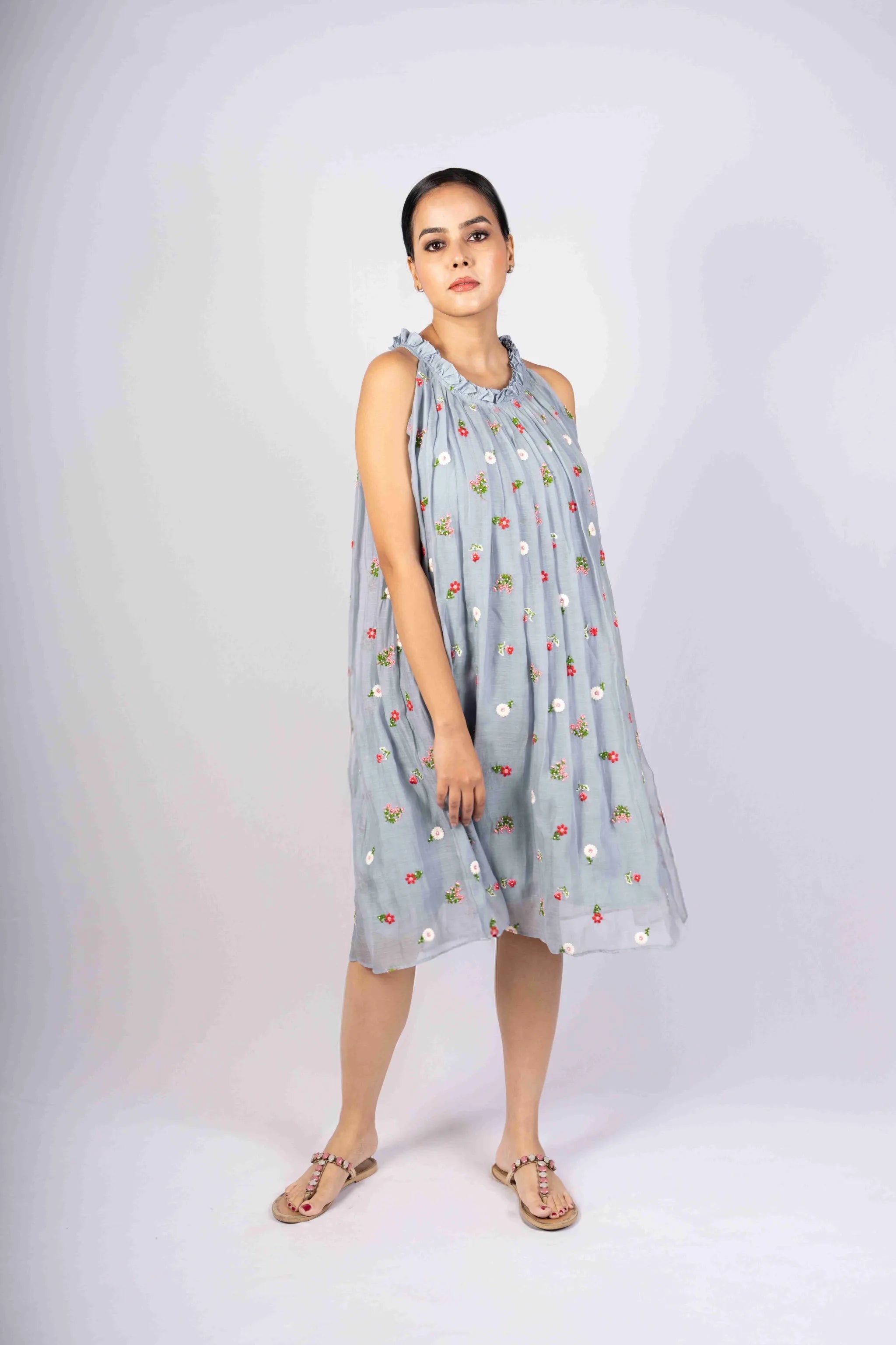 Avani — Powder Blue Mul Chanderi Incut Flared Embroidered Dress