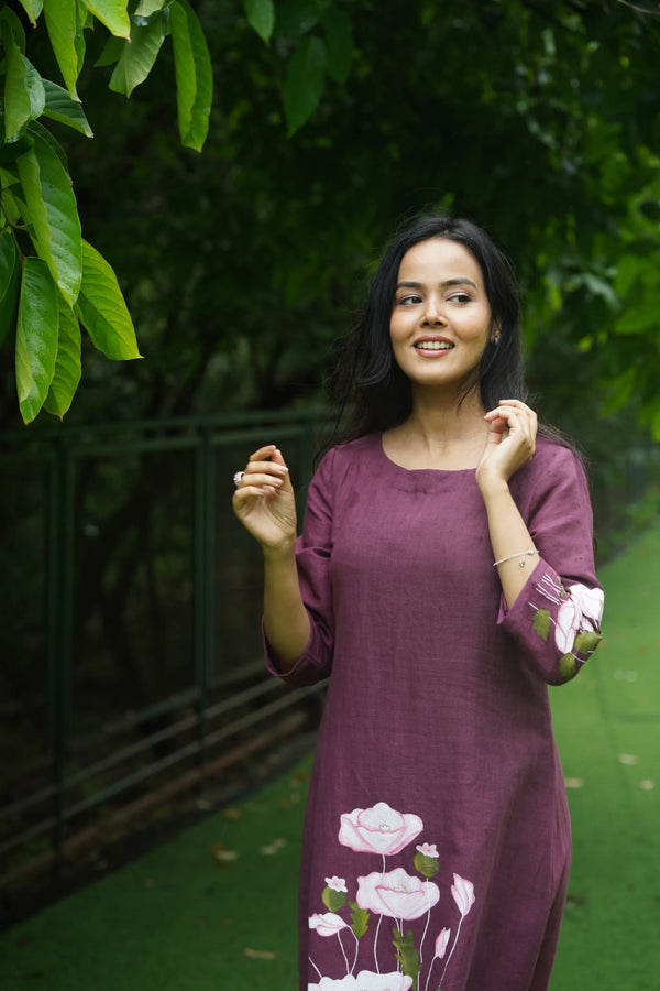 Bhumi — Deep Wine Kala Cotton Dress with Flower Painting 2