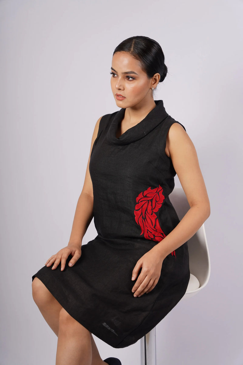 Shyama — Black Handloom Linen Cowl Neck Dress with Red Applique