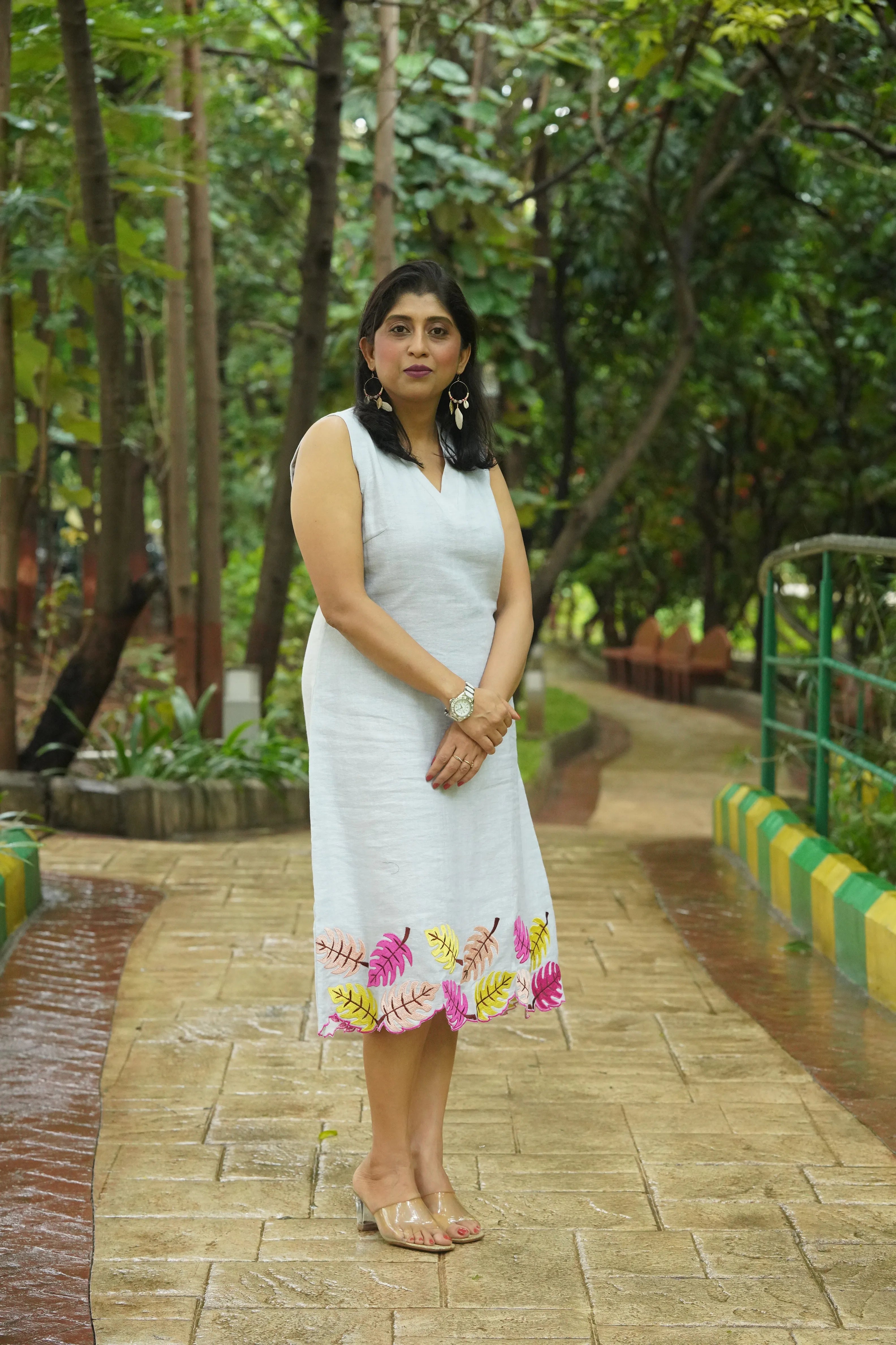 Parna — Moonstone Grey Tencel Linen Dress with Embroidery