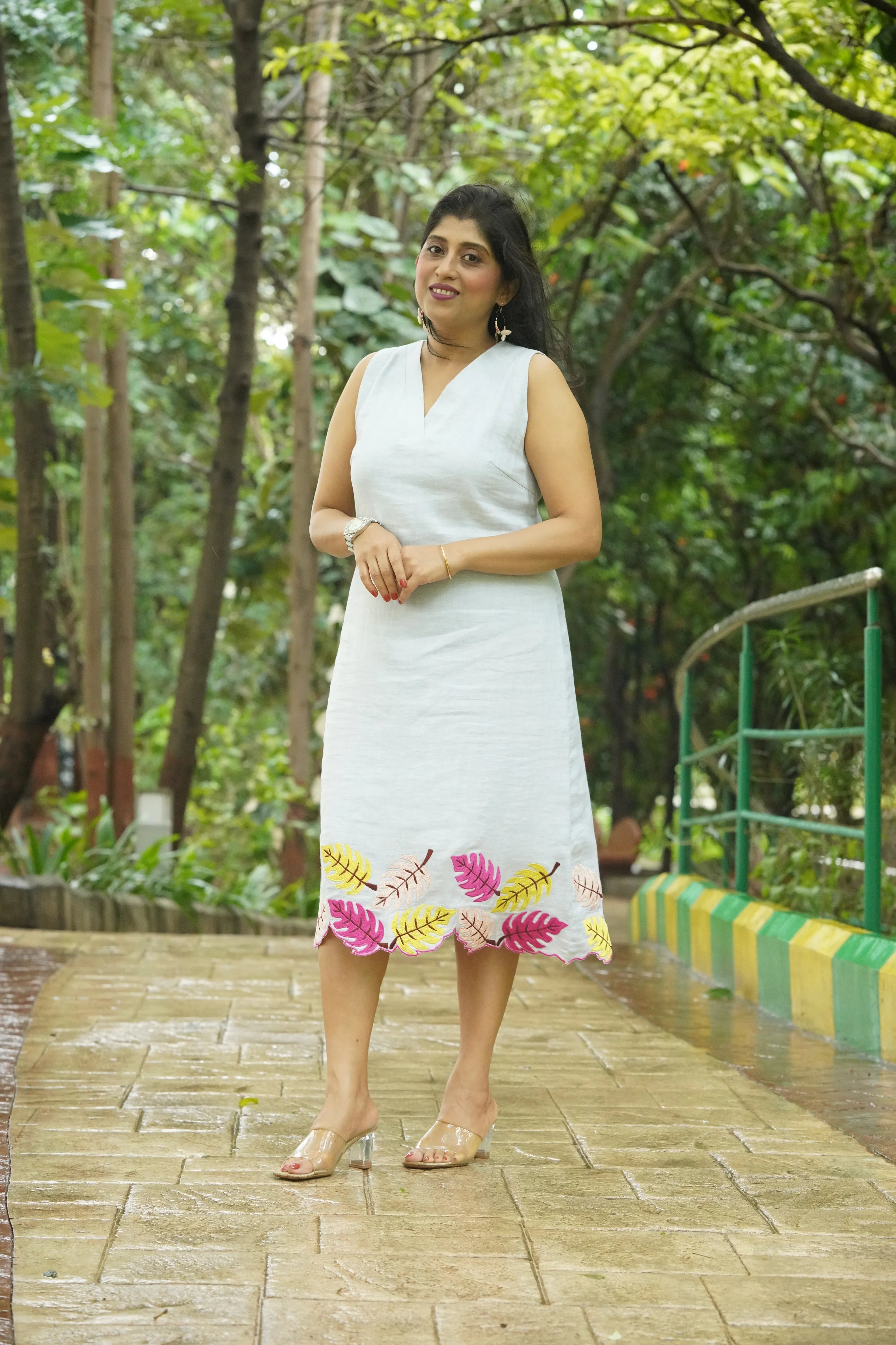 Parna — Moonstone Grey Tencel Linen Dress with Embroidery