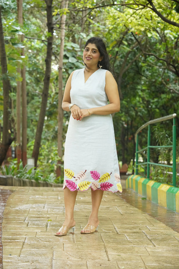 Parna — Moonstone Grey Tencel Linen Dress with Embroidery