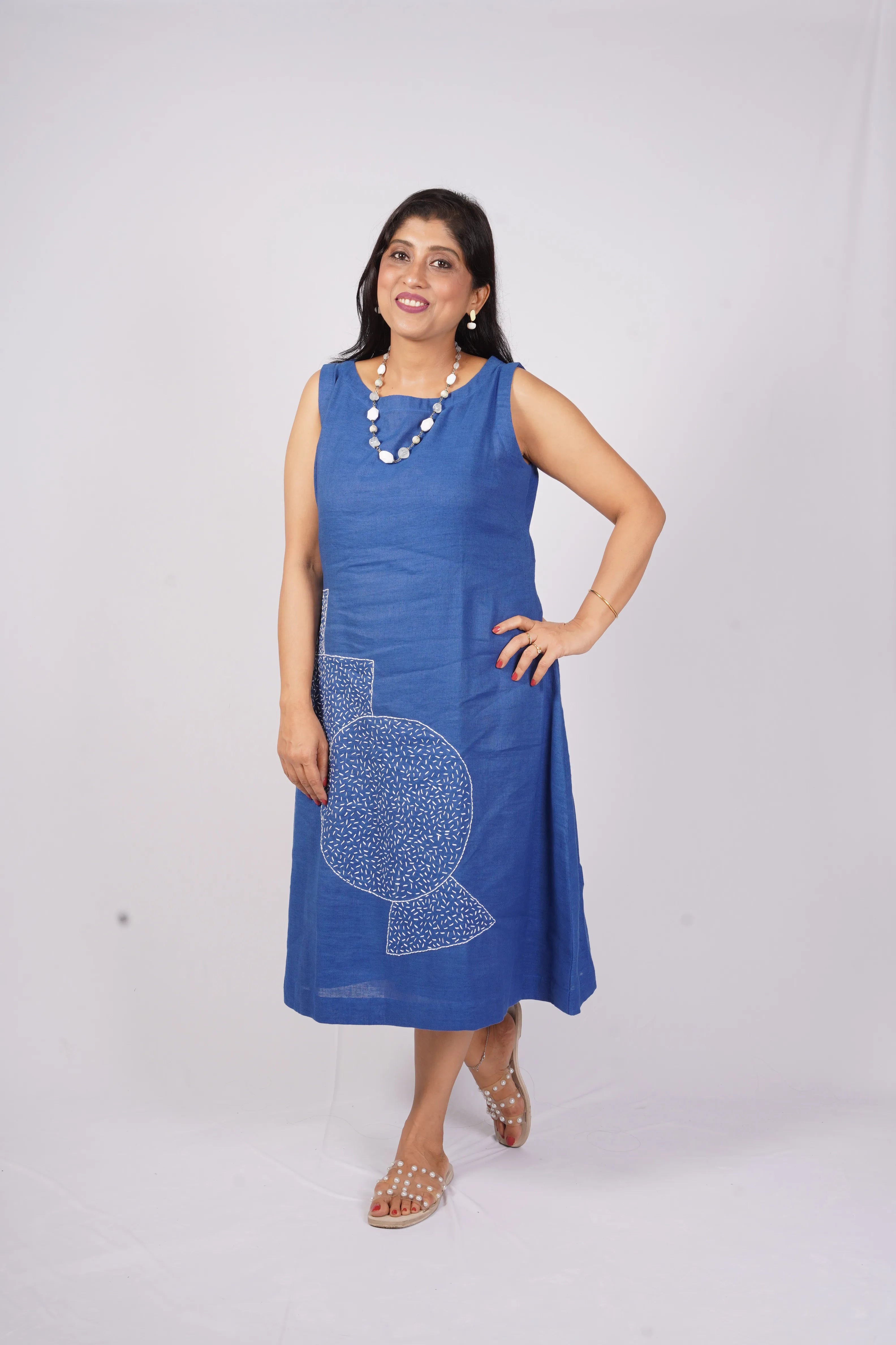Amber — Blue Midi Dress with Kanta Hand Embroidery