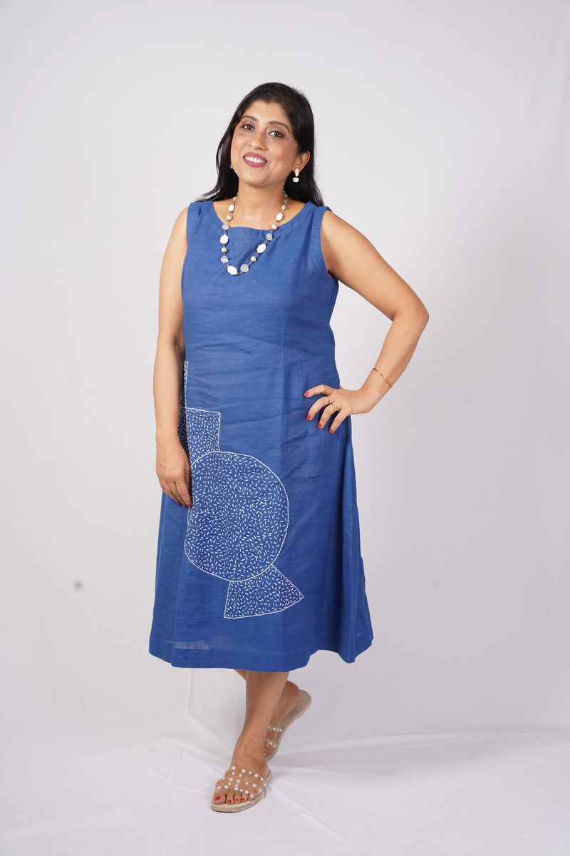 Amber — Blue Midi Dress with Kanta Hand Embroidery