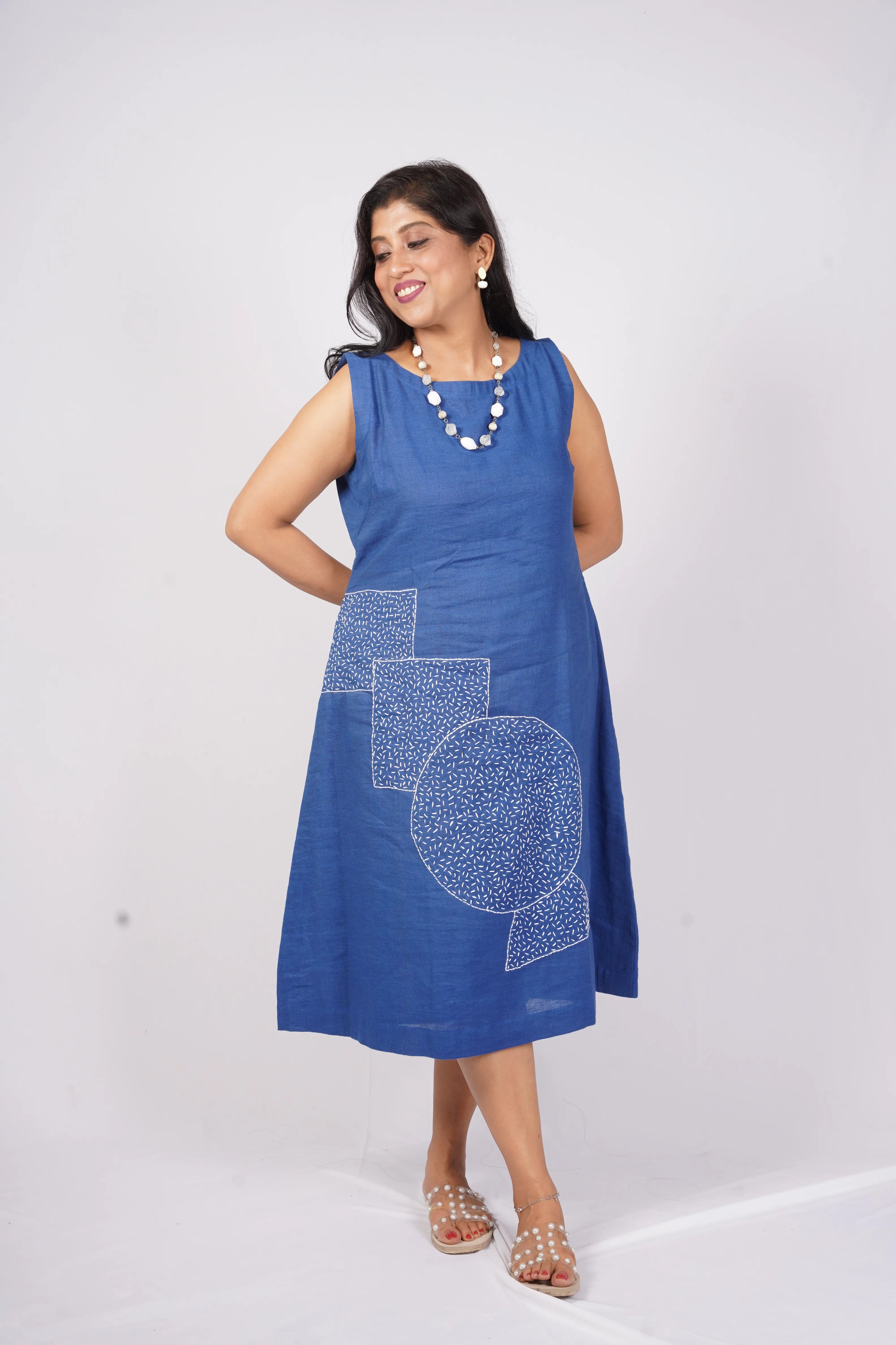 Amber — Blue Midi Dress with Kanta Hand Embroidery