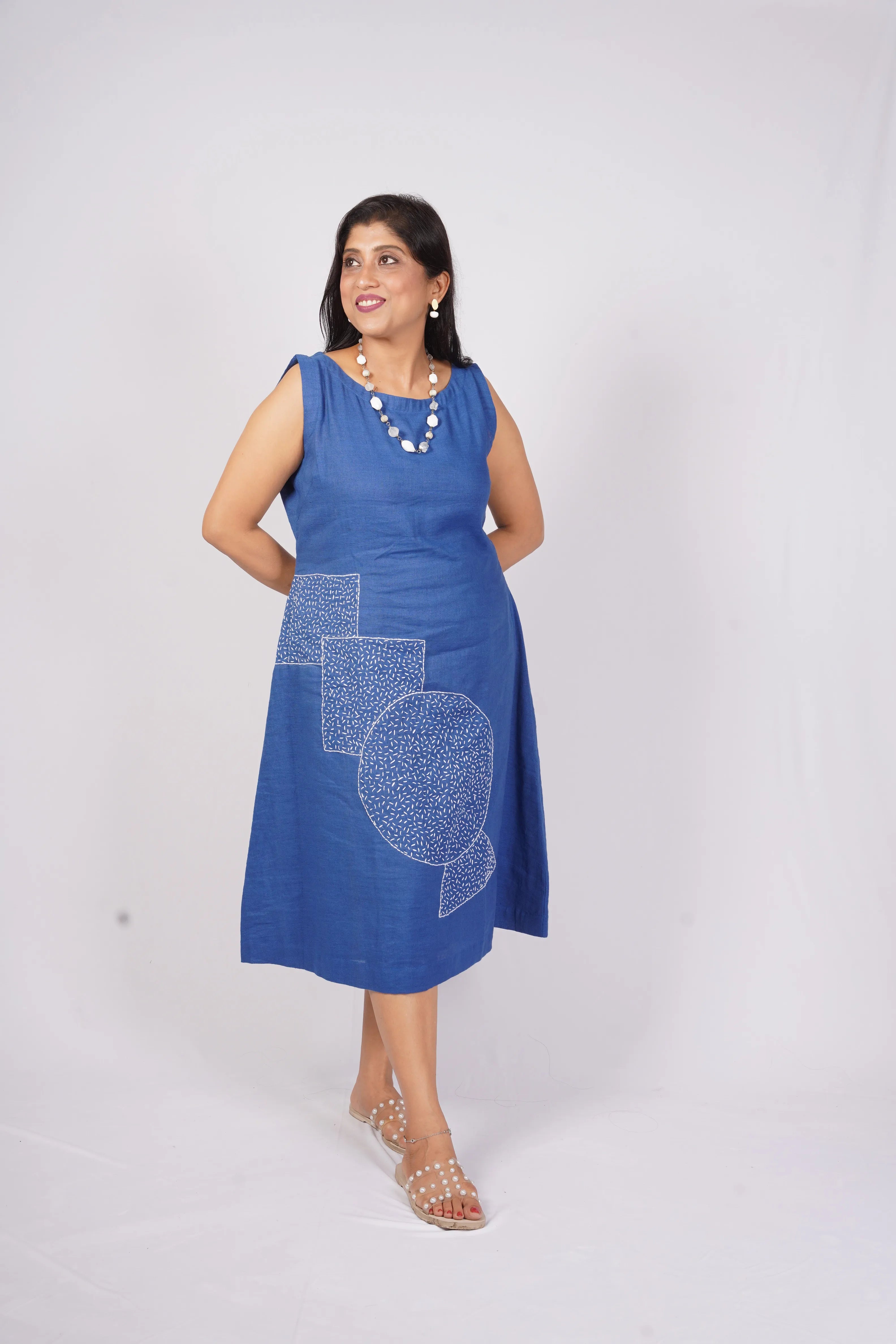 Amber — Blue Midi Dress with Kanta Hand Embroidery
