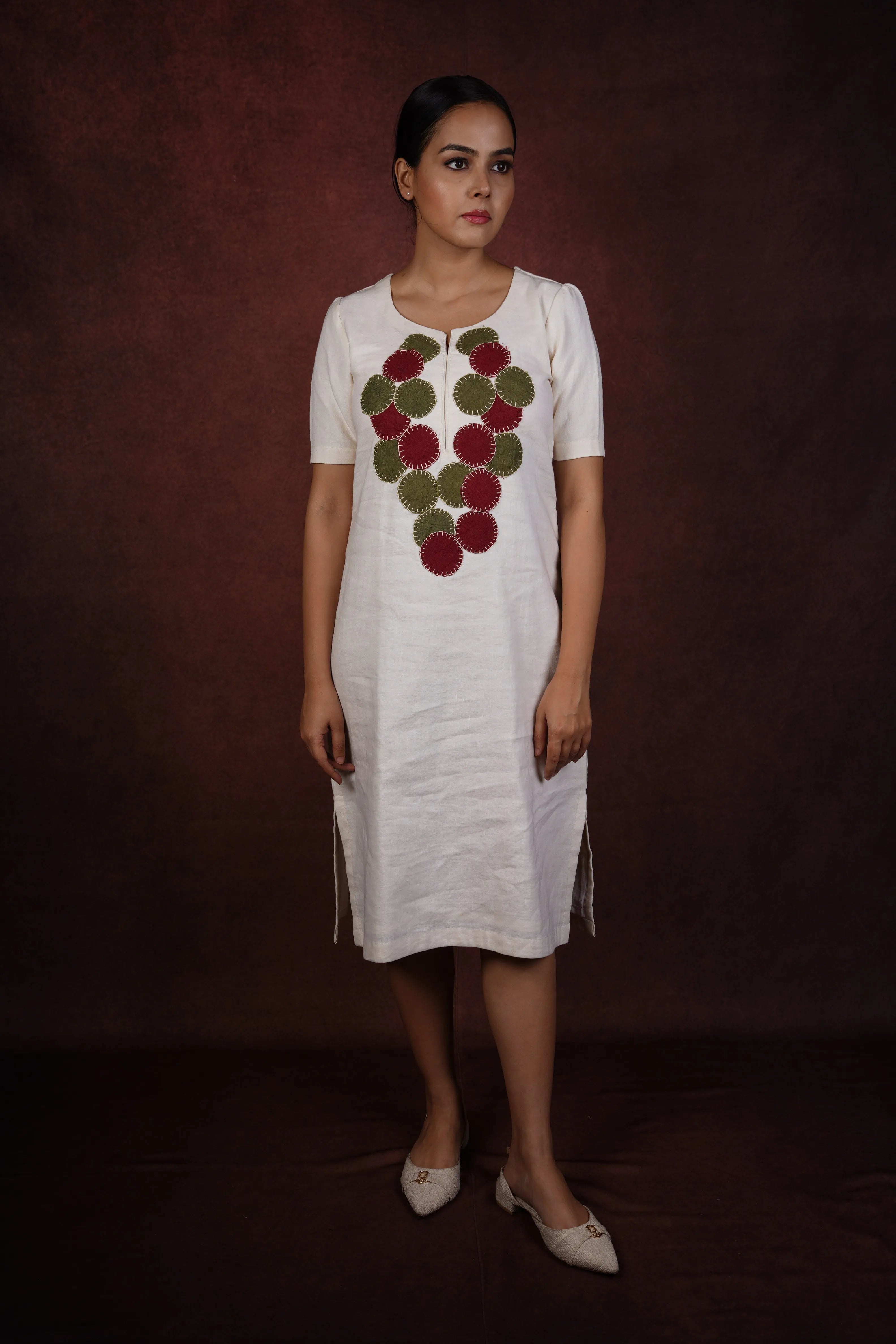 Dharti — Off-White Handloom Linen Dress with Circular Applique