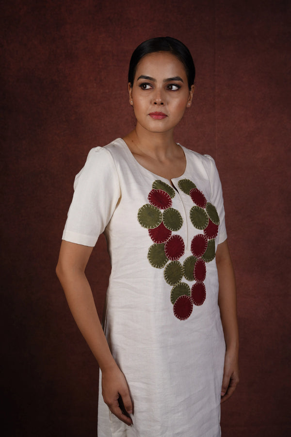 Dharti — Off-White Handloom Linen Dress with Circular Applique 2