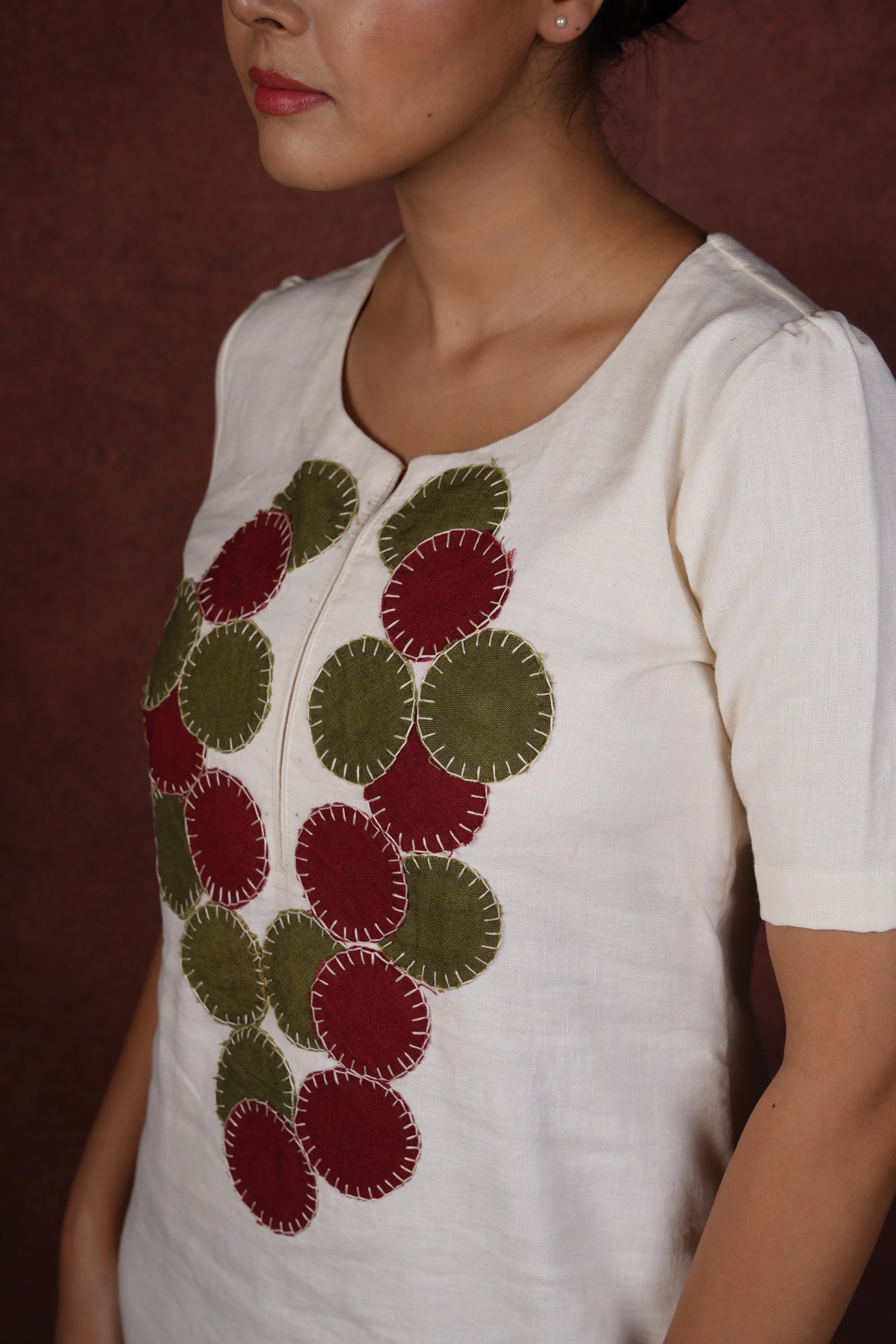 Dharti — Off-White Handloom Linen Dress with Circular Applique