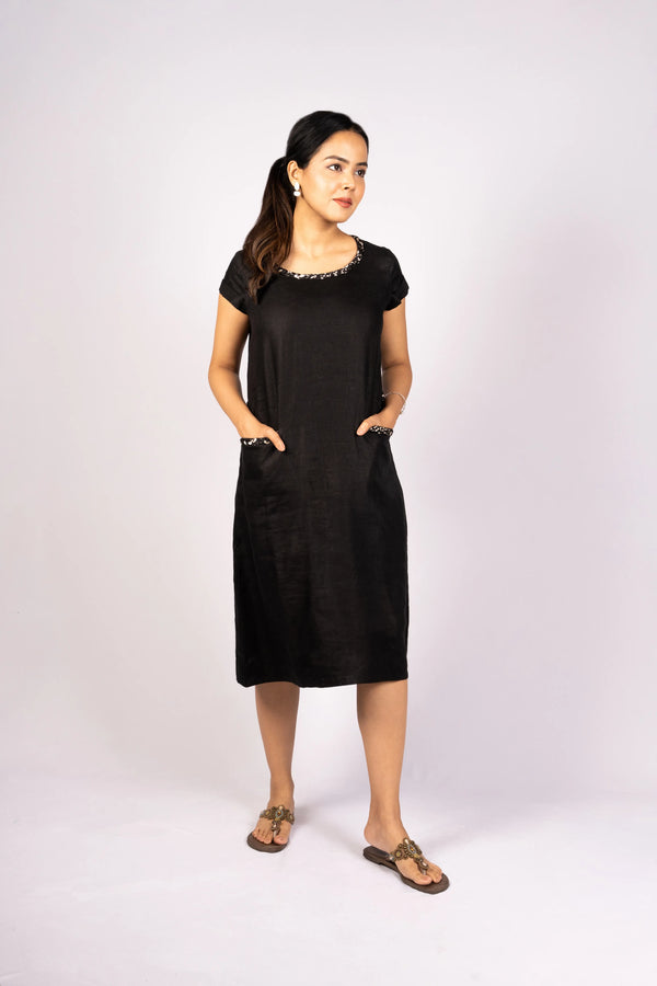 Anshika — Charcoal Black Pure Linen Dress with Braid Work