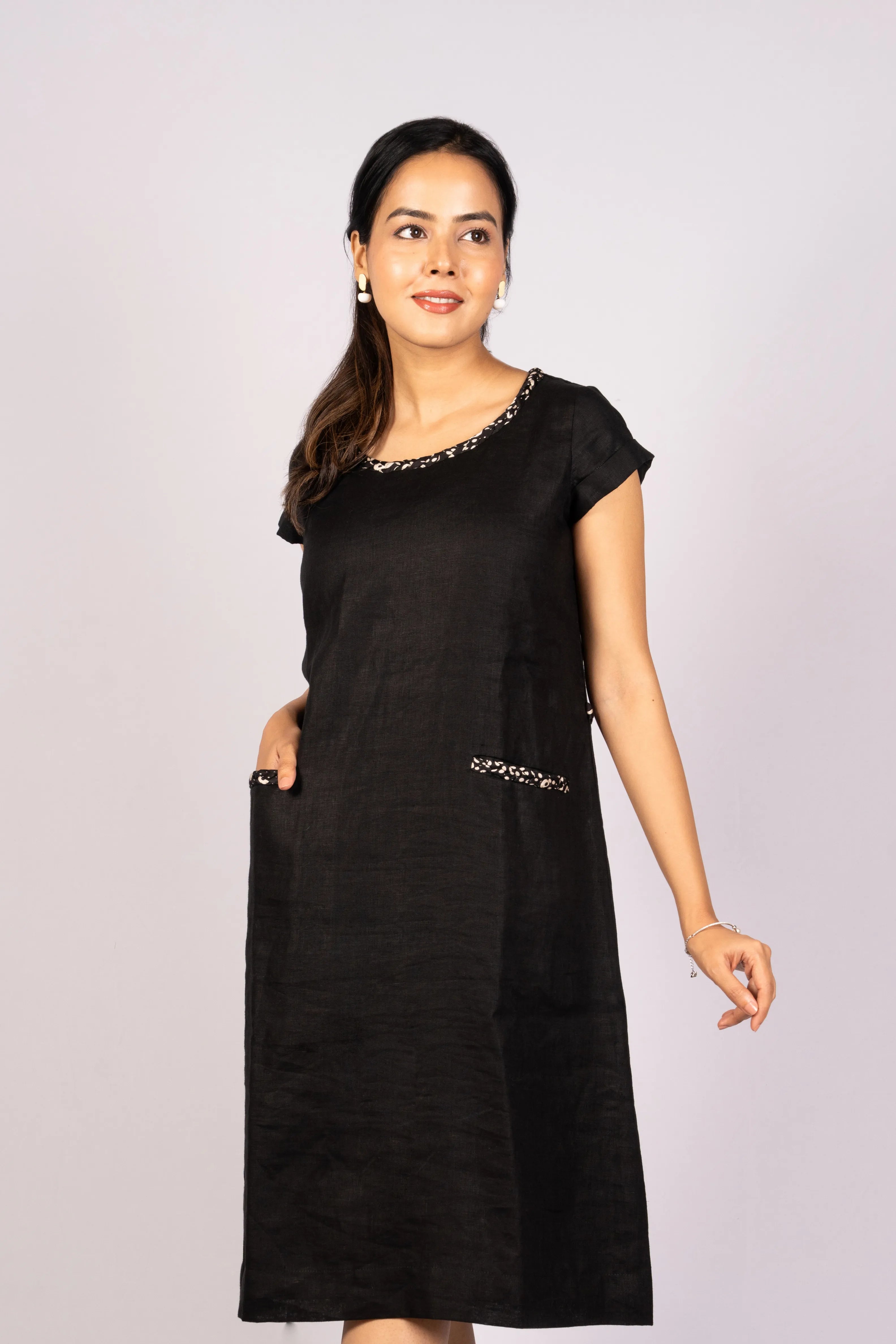 Anshika — Charcoal Black Pure Linen Dress with Braid Work